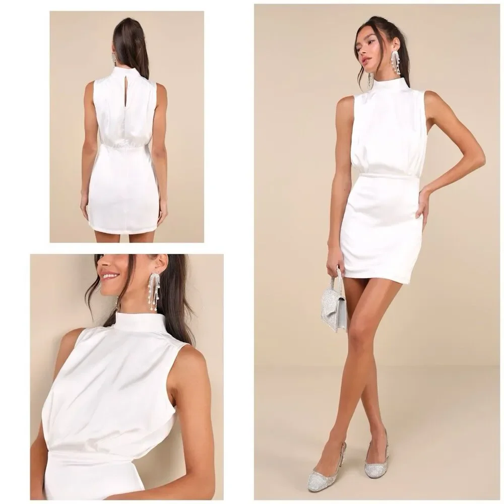 Lulus Classic Elegance Dress White Satin Mini Mock Neck Size L NWT